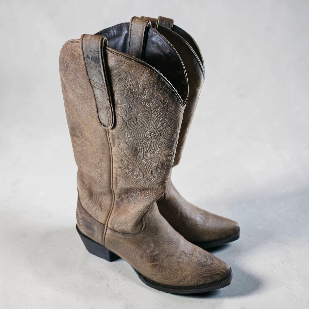 Lane Cowgirl Floral Boots Brown Leather Pull On Womens Size 7 Western LB0043B